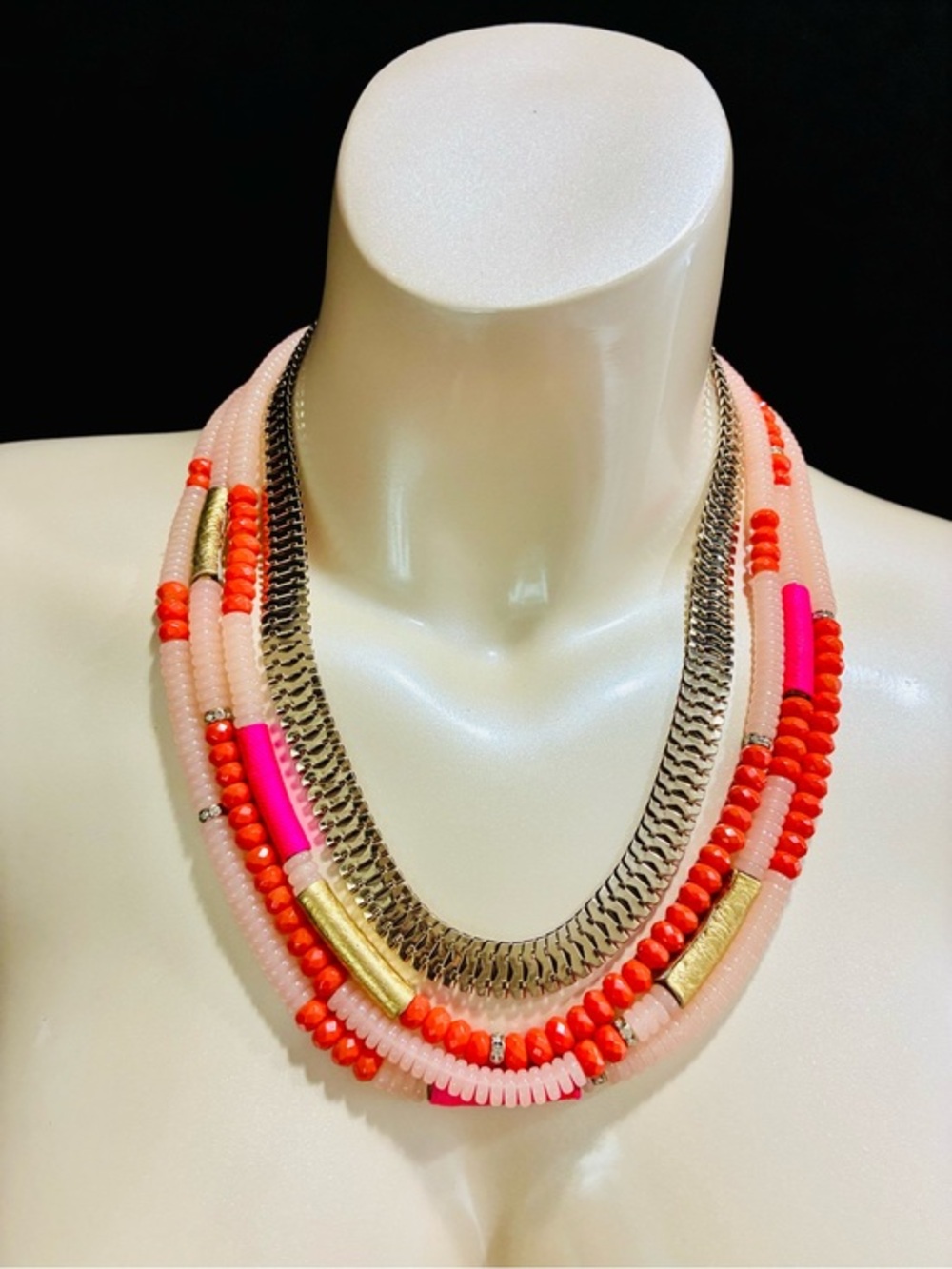 Layered Pink & Coral Beaded Statement Necklace with Gold Accents